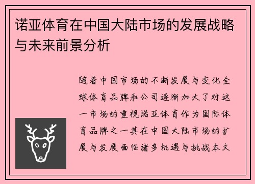 诺亚体育在中国大陆市场的发展战略与未来前景分析
