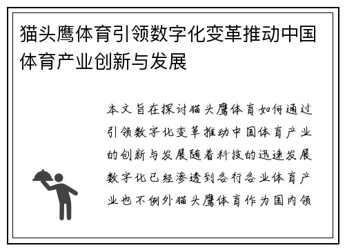 猫头鹰体育引领数字化变革推动中国体育产业创新与发展