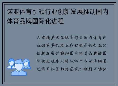 诺亚体育引领行业创新发展推动国内体育品牌国际化进程